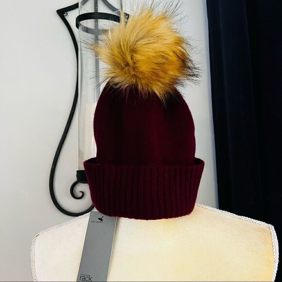 Nordstrom Faux Fur Cashmere Pompom Beanie, Burgundy, 100% Cashmere, NWT - Picture 10 of 12